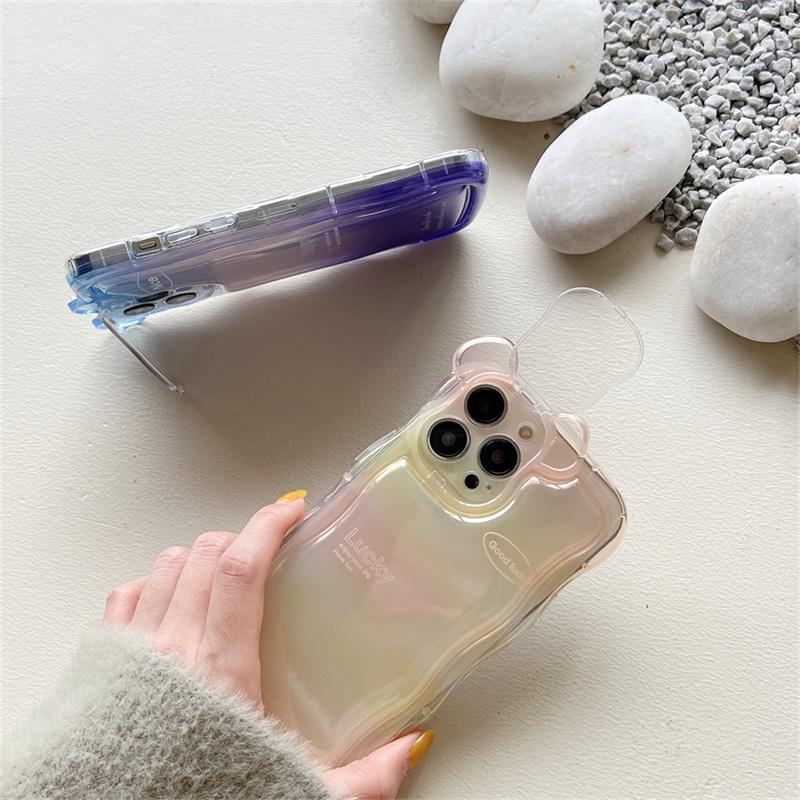 Korean Cute 3d Bear Ears Gradient Phone Case For Iphone 14 13 12 11 Pro Max 3d Kickstand Clear Lens Protective Soft Cover Funda