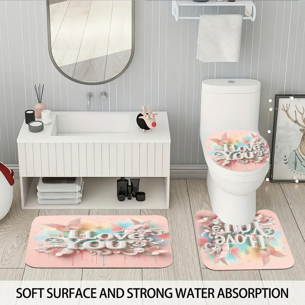 4pcs imitation relief pink Valentine's Day romantic print bathroom set waterproof shower curtain floor mat U-shaped toilet pad