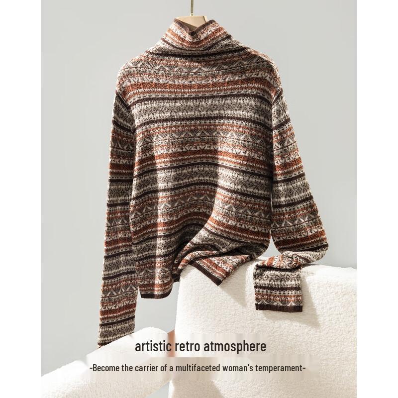 Demana Women's 100% Merino Wool Retro Jacquard Mock Neck Sweater