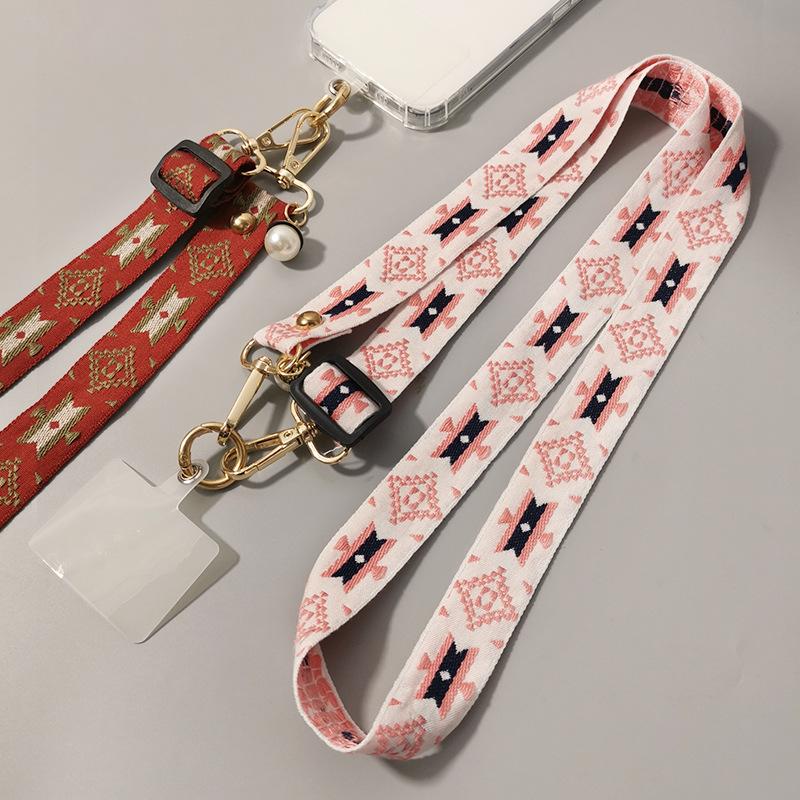 Mobile phone lanyard Long crossbody with shoulder back Ethnic style pearl pendant Retro pattern Adjustable neck wide cloth belt