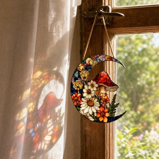 Yousheng Crescent Moon Acrylic Suncatcher with Mushroom Wildflowers, Stained Glass Effect Window Hanging Decor for Indoor Outdoor Home Garden Decor,