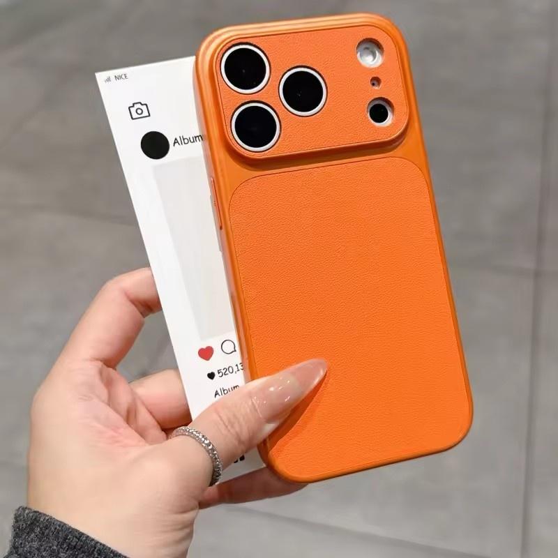 Luxury Leather Texture Hard Large Window Case for iPhone 17 Air 16 15 14 13 Pro Max Plus 17Promax Shockproof Matte Phone Cover