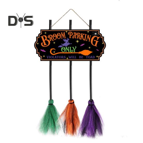 

Знак парковки в виде метлы на Хэллоуин с 3 деревянными метлами ведьмы, подвесное украшение из цельного дерева, декоративный знак парковки в виде метлы на стену переднего крыльца B