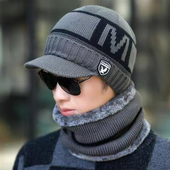 

Мужская зимняя вязаная шапка-маска: Ветрозащитная, теплая, бархатная защита ушей для езды на велосипеде M brim hat + scarf серый