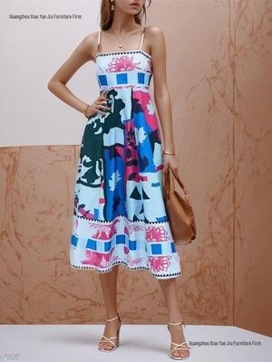 Frühling 2026 Europäisches & Amerikanisches Damenkleid mit Graffiti-Print - Sexy Spaghettiträger, Ärmellos, Großes Saumdesign