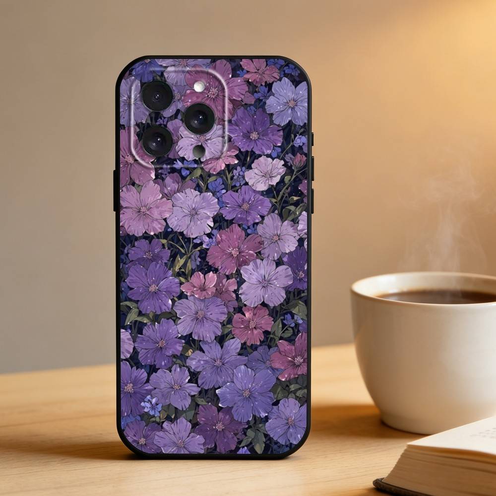 Flowers art  Phone Case For iPhone 16,15,14,13,12,17,Pro Max,Plus Silicone Black Case