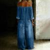 Fashionable Women's Sexy Single Breasted Off Shoulder Wash Denim Jumpsuit
