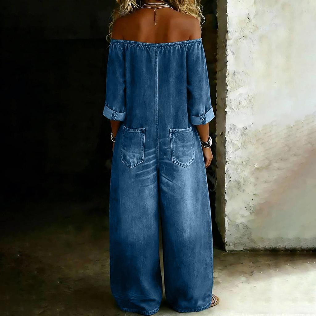 Fashionable Women's Sexy Single Breasted Off Shoulder Wash Denim Jumpsuit