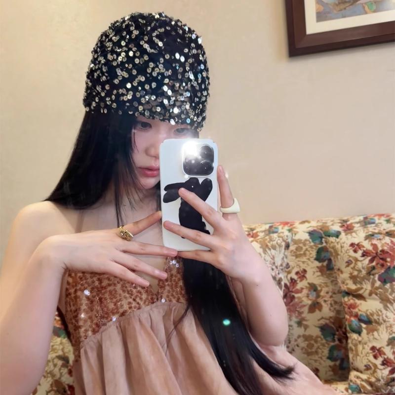 Vintage Sequined Hollow Pullover Hats Women Summer Autumn Travel Photo Atmosphere Versatile Casual Y2K Knit Beanie Hat