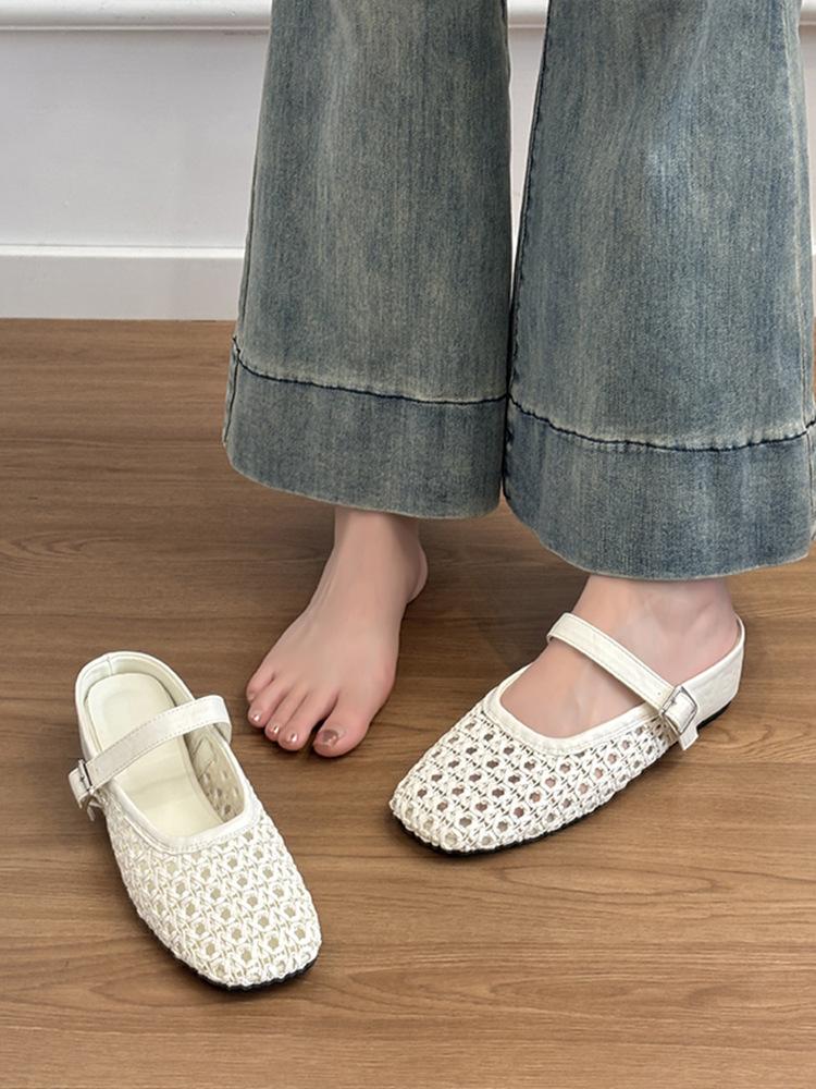 

Soft leather~ inner height increase hollow bag head half slippers women s summer outer wear woven muller cool slippers beach shoes 35 белый