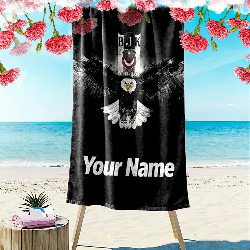 Personalisierbares Besiktas JK Logo Print Strandtuch, Großes Weiches Schnelltrocknendes Handtuch für Strand Camping Schwimmen