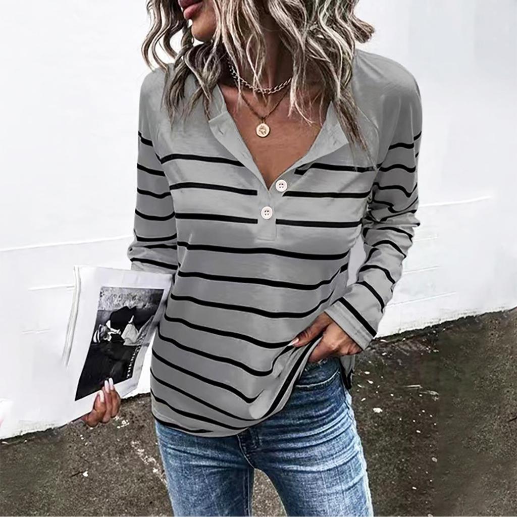 Ladies Casual Striped Round Neck Button Casual Loose Long Sleeve T-Shirt