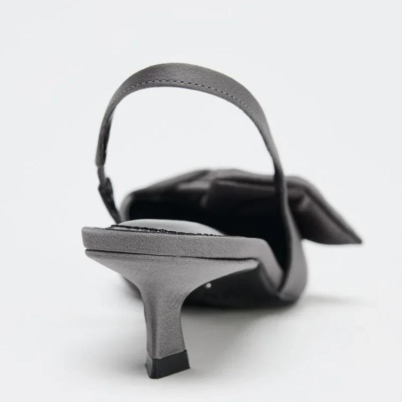 Fashion Elegant Gray Kitten Heel Slingback Strap Pumps Women Sexy Pointed Toe Satin Knot Heeled Sandals Fashion Office Designer Shoes