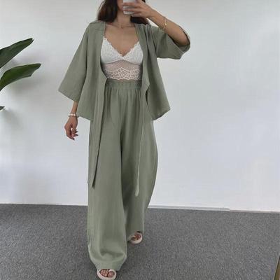 Conjunto de Duas Peças Casual de Moda Feminina com Cardigã com Laço Liso e Calças
