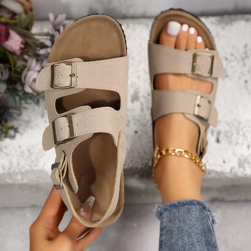 Women's Sandal with Frosted Leather Belt Buckle for Summer, New Cork Beach Sandals for Women, Non Slip Flat Sandals