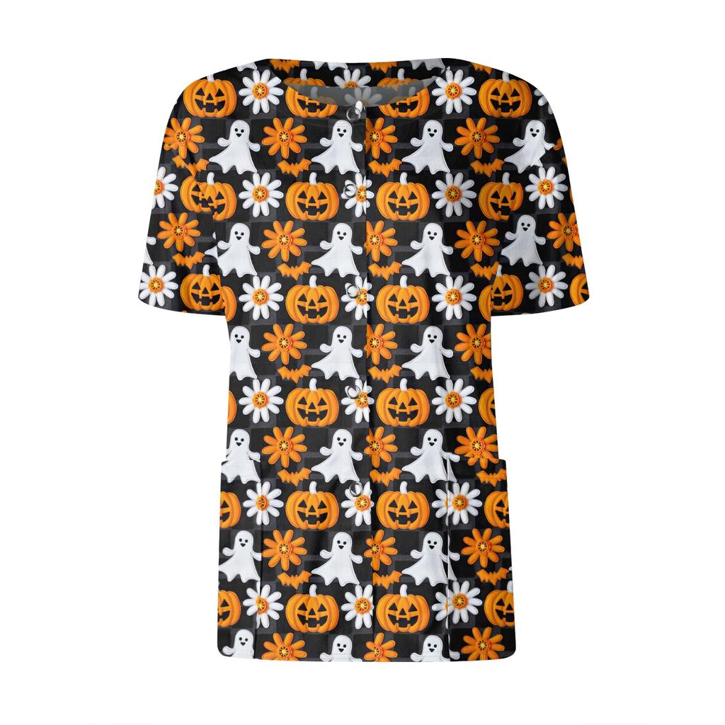 Women's Short Sleeved Patterned Pockets, Work Print Stand Up Collar, Single Breasted Protective Clothing, Cardigan Jacket, Top