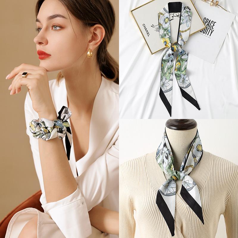 Long Silk Scarves Women From Japan South Korea Sweet Imitation Printed Ribbons Hairbands Temperament Bags Small Wholesale