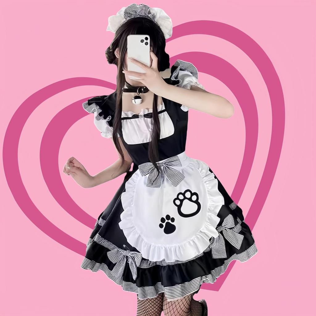 Ligwon Dienstmädchenkostüm mit Reifrock und Übergrößen, Dienstmädchen-Café, Schulfoto, Weihnachten, Kniestrümpfe, S-5XL, Lolita, Katze, Sexy, Damen, Herren, Größen,