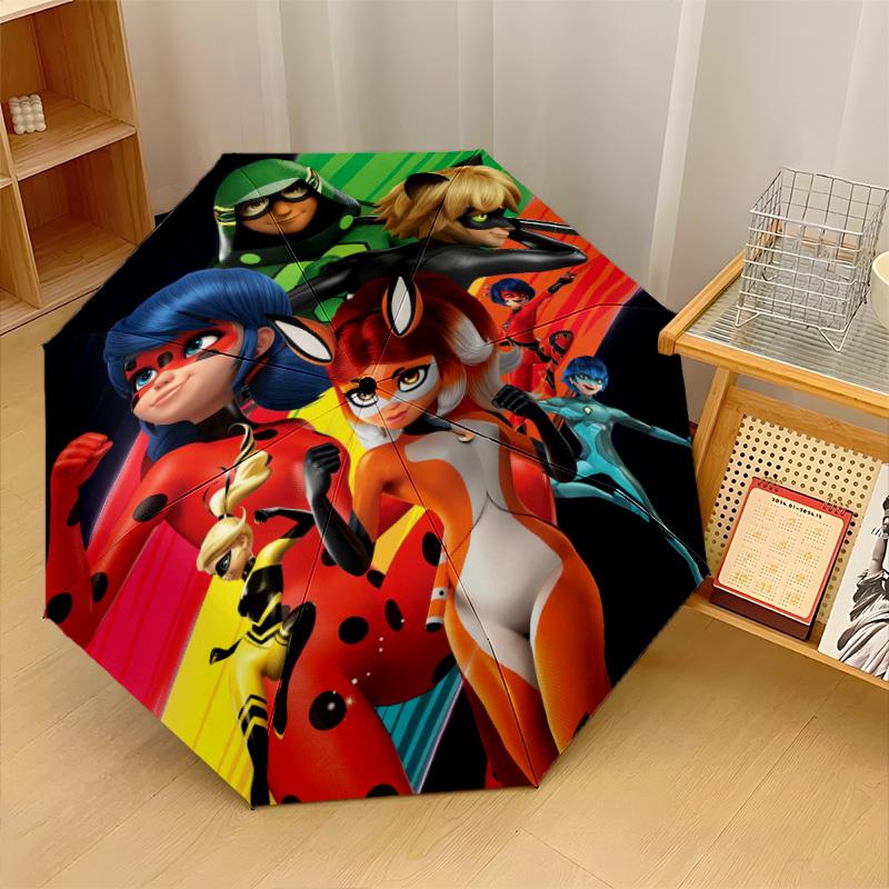 Stampa Miraculous Ladybug 8?Ombrello Pieghevole Automatico con Stecche Resistente al Vento Leggero per Viaggi all'Aperto
