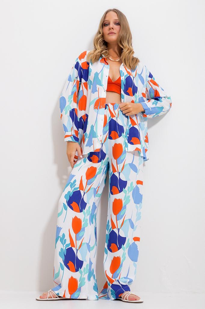 Women's Bottom-Top Set New Season Fashionable Green Patterned Shirt and Trousers Woven Bottom-Top Set