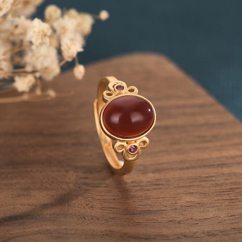 Antique Gold Inlaid Red Agate Open Ring – Versatile Ladies Design