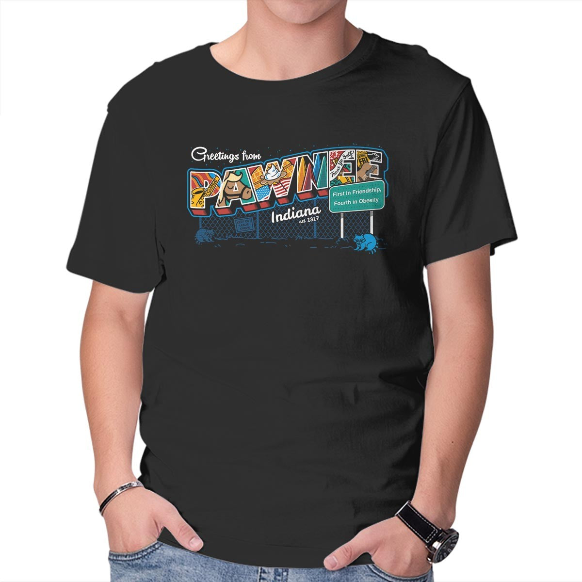 Unisex Crew Neck T-Shirt Greetings From Pawnee Graphic Short Sleeve Casual Tee XL