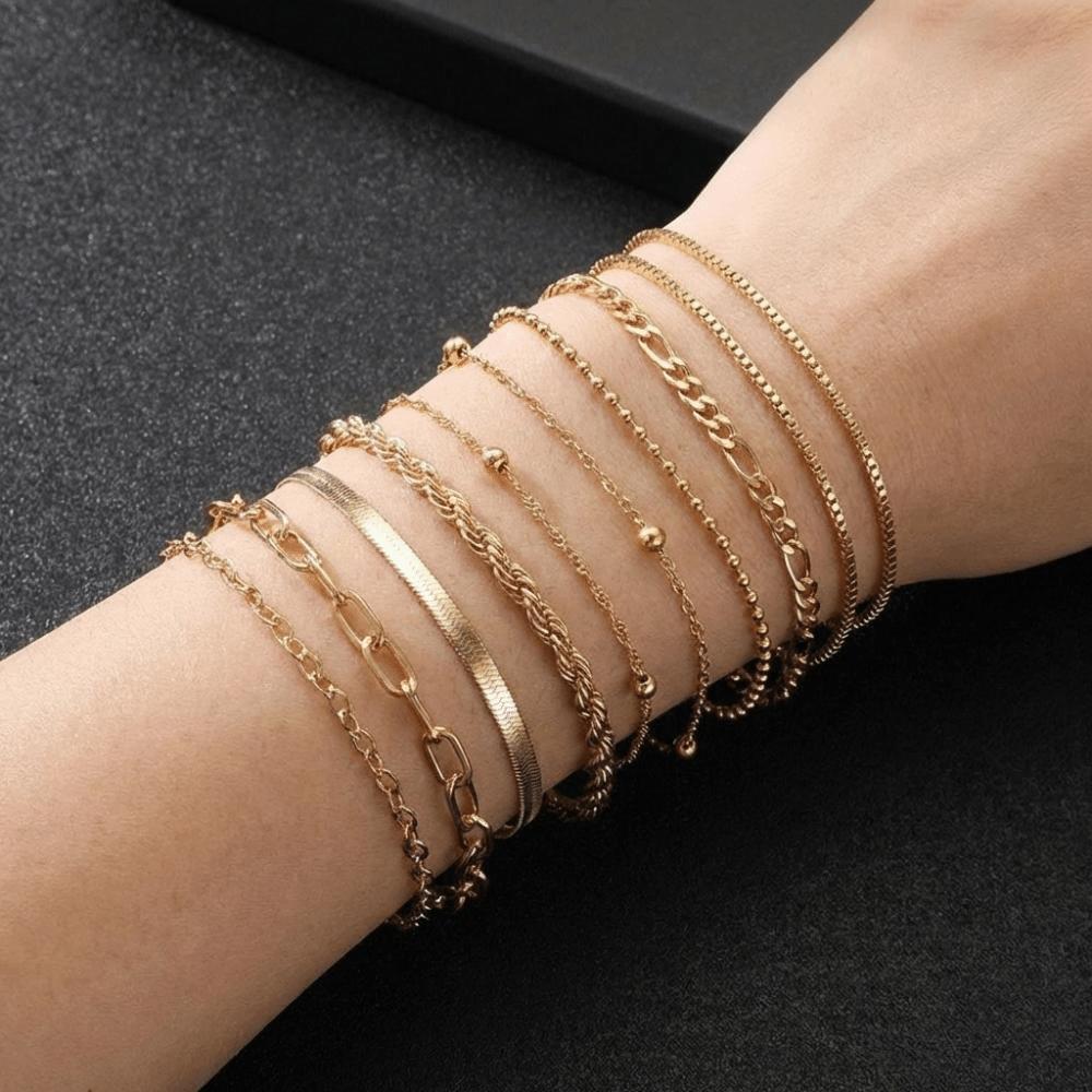 10Pcs/set Vintage Style Snake Chain Bracelet Flat Chain Multi-layer Bracelet  Casual Wear