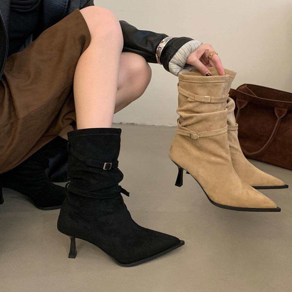 New Style Women's Suede Women's Mid Calf Boots Pointed Toe Stiletto Femme Long Boots Solid Color Lady High Heels Shoes