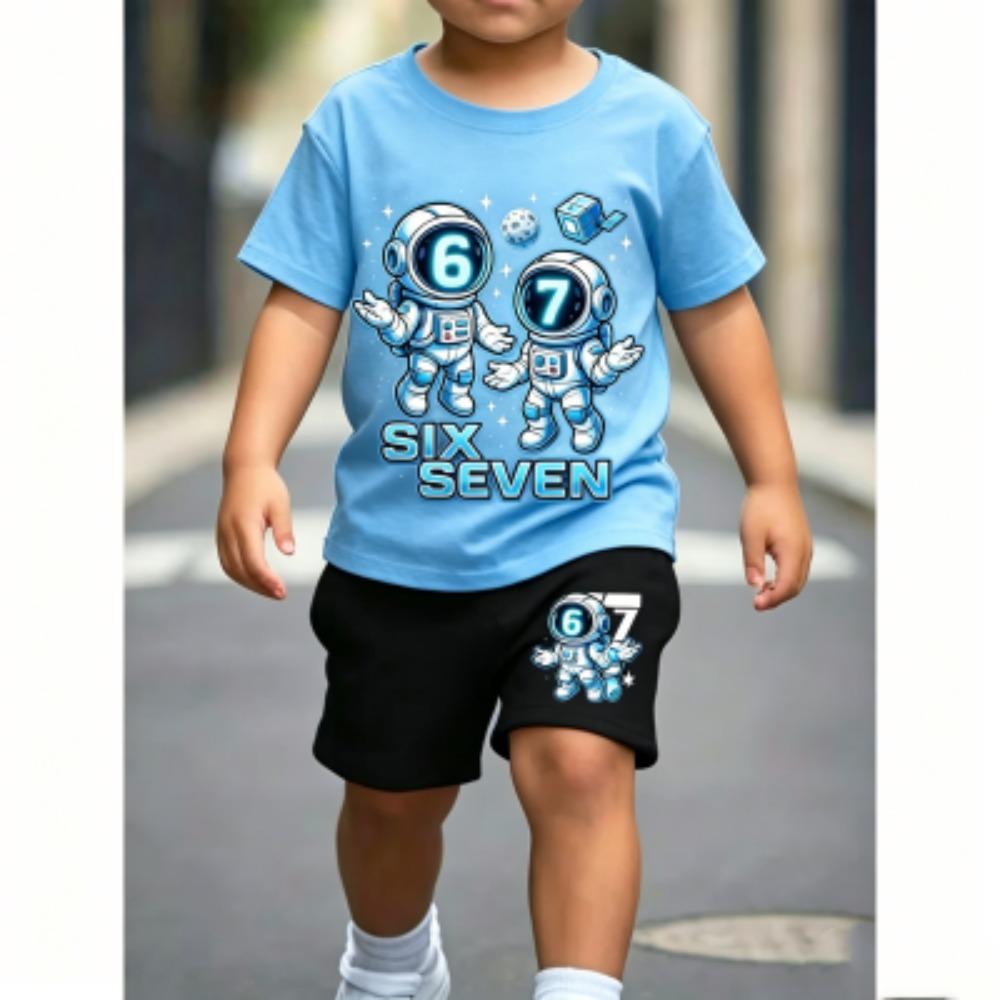 Number 67 Astronaut Fun Printed 11 Colors Kids T-shirt and Shorts 2 Piece Set Summer Home Outdoor Casual Outfit Boy and Girl's Sports Set