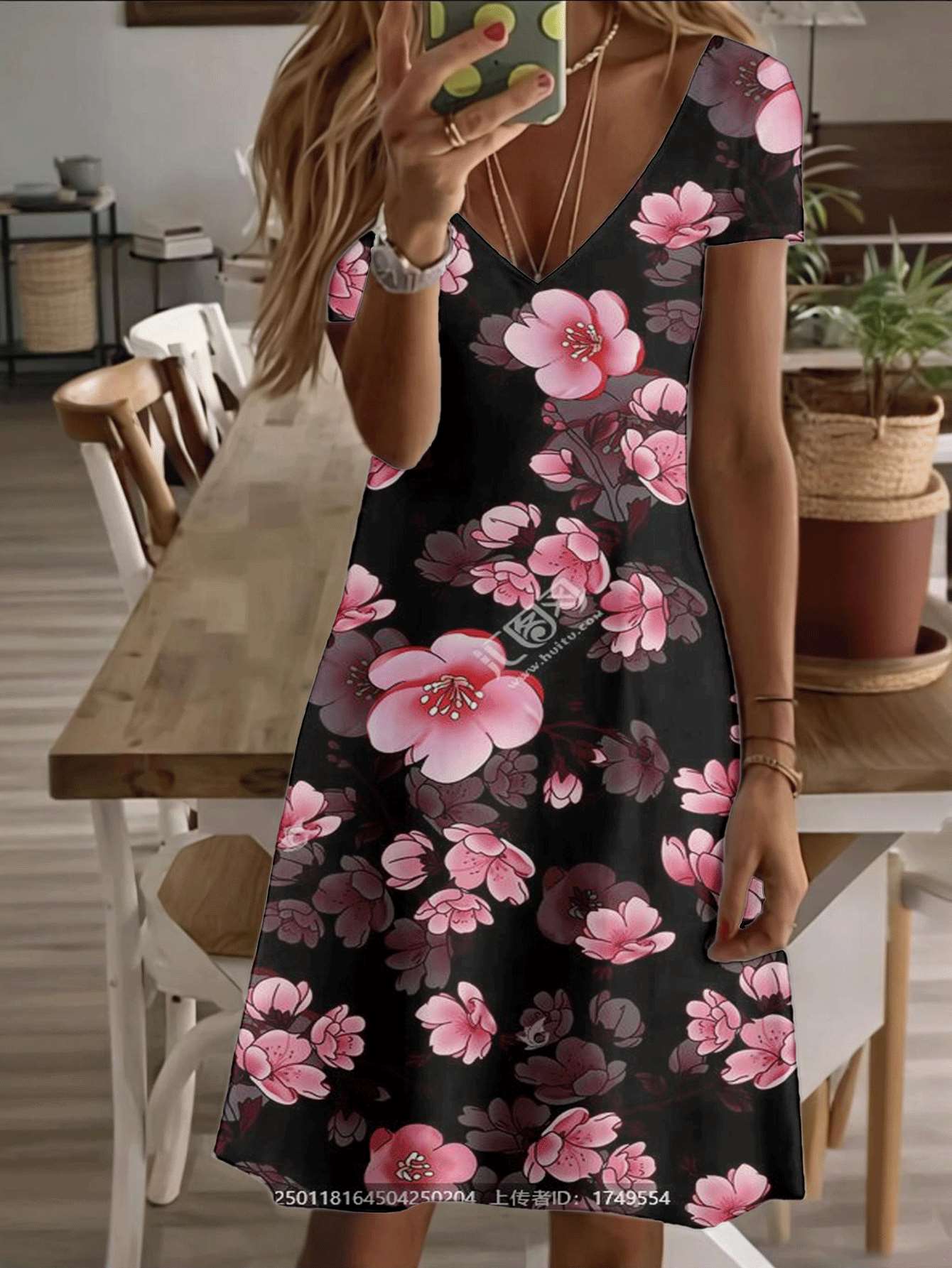 

Vneck shortsleeve midi dress cherry blossom floral print 3D highquality durable casual fashion elegant summer outfit lightweight comfortable style S дубильная кора
