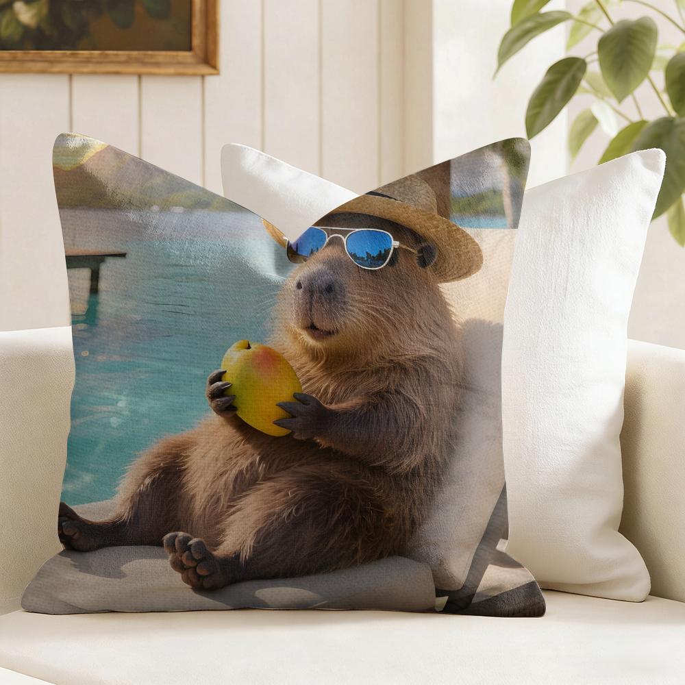 Capybara Cushion Cover Natural Linen Double Sided Print  Throw Pillow Case for Sofa Couch Home Decor