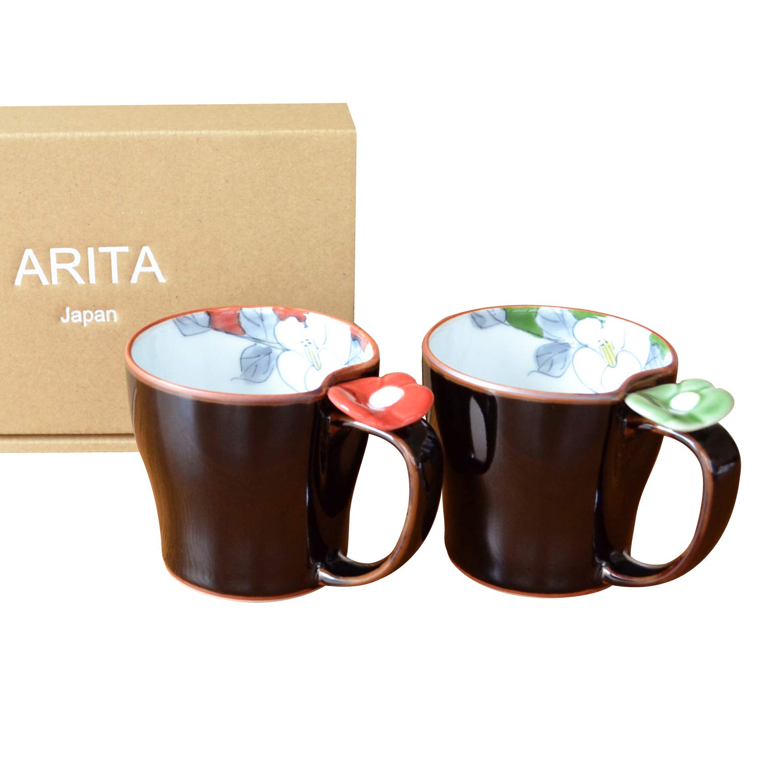 

Pair of Arita ware coffee gift with floral enamel made in Japan mugs, boxed, microwave-safe, detailing,