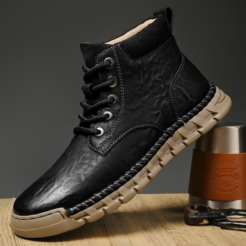 Fashion Winter Retro Style Boots High Quality Men Casual Leather Thick Bottom Comfy Business Dress Shoes Lace-up Male Ankle Boots