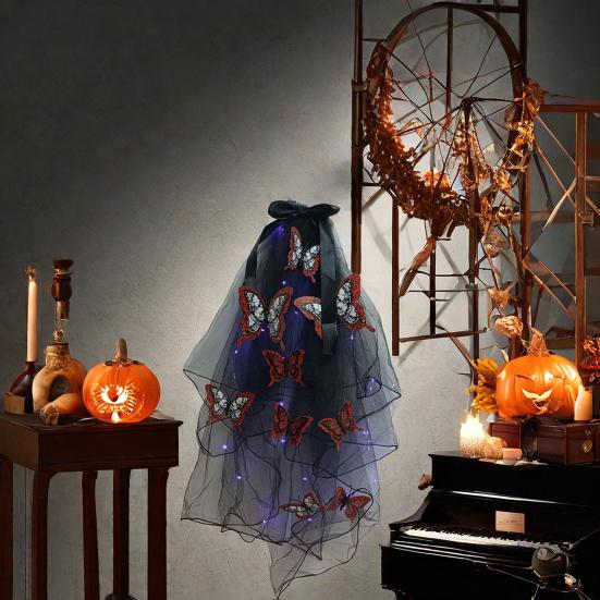 LED Skull Gothic Hairveil Luminous Headband Veil Hairpin with Butterflies Women Ghost