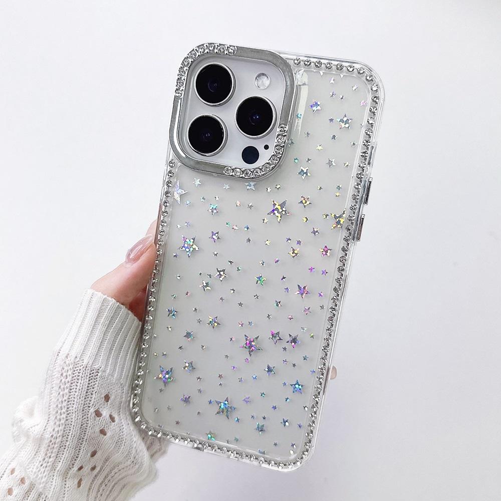 Luxury Laser Stars Rhinestone Bumper Phone Case For iPhone 16 15 14 13 12 11 Pro Max Plus IMD Transparent Shockproof Cases Cover