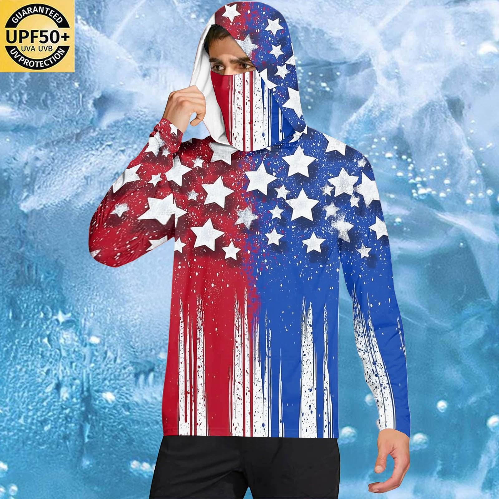 

Men s Casual Long Sleeve Hoodie Sunscreen Shirt Lightweight Breathable Independent Day Printed Pullover Top for Outdoor Activities S синий