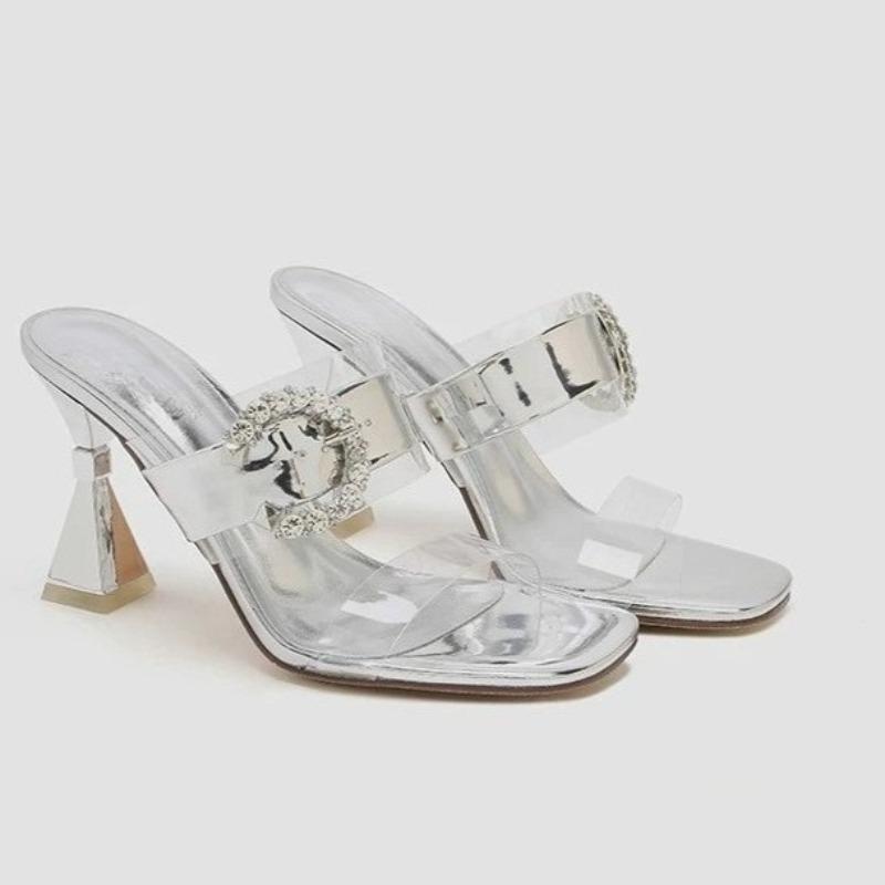 Fashion Rhinestone Round Buckle Sandals Women's Summer New Square Toe Clear Strap Cone Heel Anti-slip Wear-resistant High Heels
