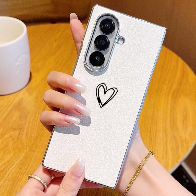 Love Heart Print PU Leather Phone Case For Samsung Galaxy Z Fold 7 6 5 Fold7 Fold6 Fold5 Silver Plating Frame Hard Folding Cover Galaxy Z Fold5