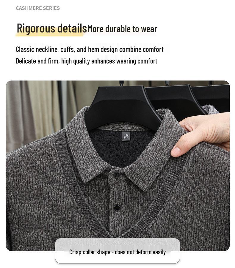 Men's Thick Fleece-Lined Knitwear: Two-Piece Look, Autumn/Winter Style for Middle-Aged & Young Casual Wear.