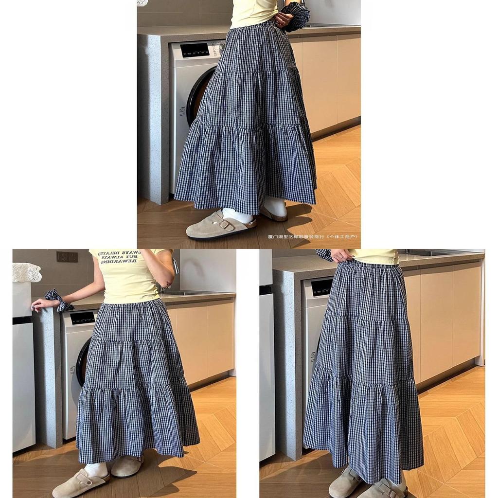 Cotton Blended Plaid Midi Skirt With High Waist And Ruffle For Casual Womens Fashion