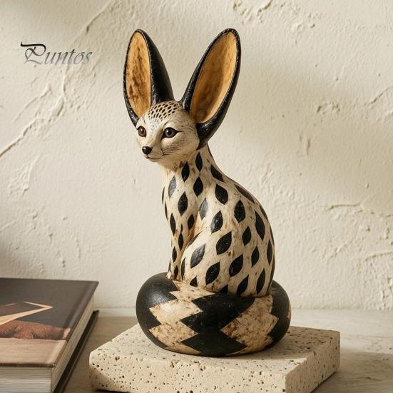 Kleine Skulpturen für das Wohnzimmer Fuchsfigur Sitzende Ruhehaltung, Holzgeschnitzter Stil Harz-Tierstatue, Elegante Wüsten-Dekoration Schreibtisch Zuhause