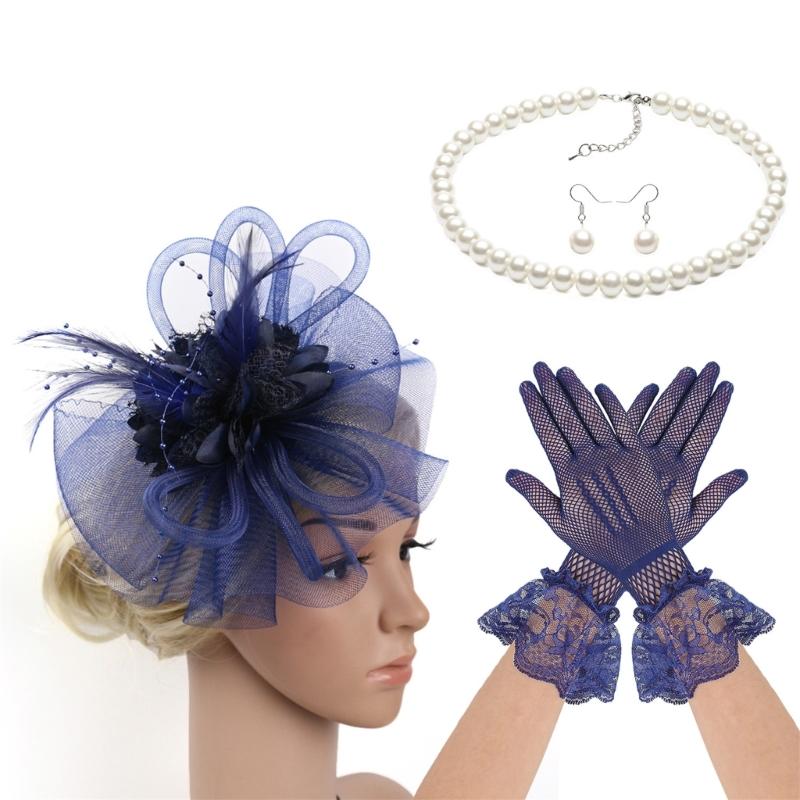 Lace Flower Fascinator Hat Hairband Necklace Gloves for Cocktails Event Dressingup Roleplay Flapper Costume Accessories