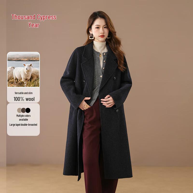 

Женское двубортное пальто-макси Qianbainian из 100% мериносовой шерсти с поясом S (115-130 lbs)