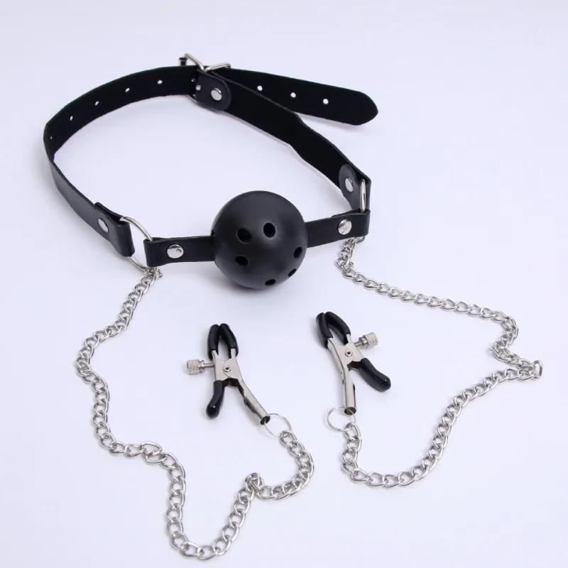 Erotic Toy PU Leather Mouth Gag Ball Oral Sex with Chain Clip Breast Nipple Clamps Bondage Harness Sex Toys Adult Games
