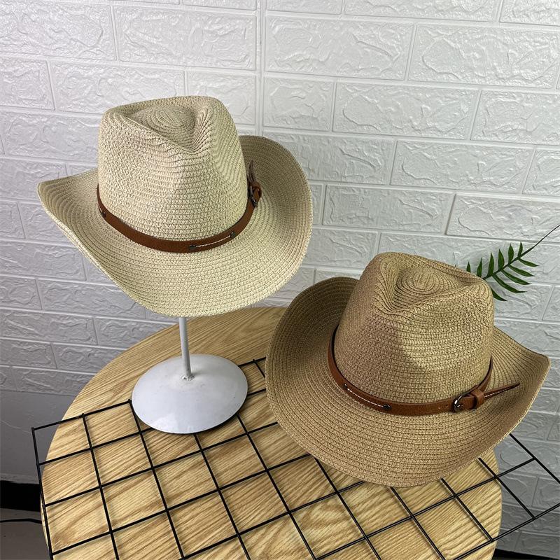 Cappello da Cowboy Unisex di Paglia a Tesa Larga Protezione Solare Cappello da Cowboy Cowgirl Western con Cordino Antivento Durevole da Viaggio Pieghevole per l'Estate