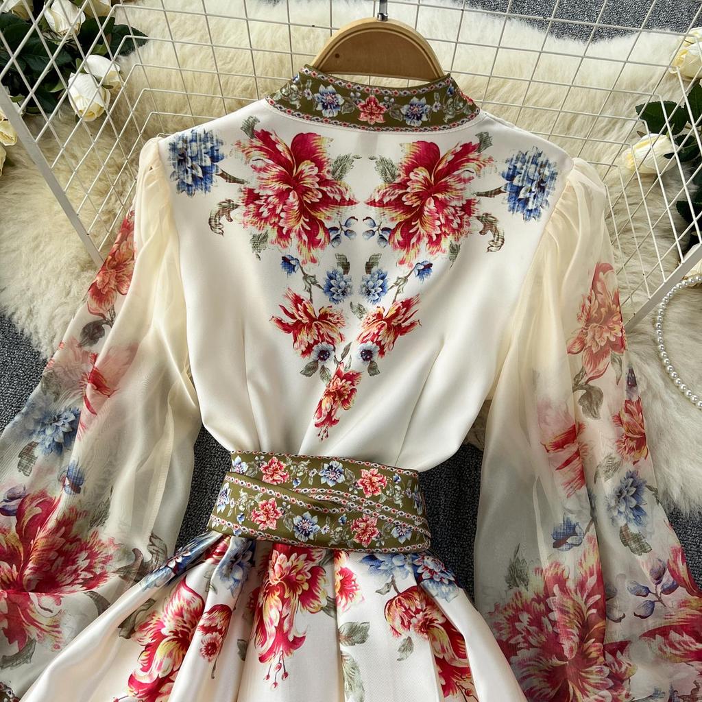 Floral Summer Dress Women Slim Waist Bandage Temperament Robe Femme  Vestidos De Mujer Vintage Elegant Maxi Dresses 27w921