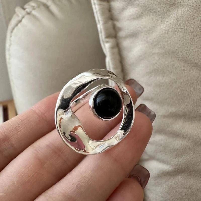 Copper Rings For Women Geometric Fine Jewelry Finger Adjustable Vintage Circle Black Beads Ring For Birthday Gift