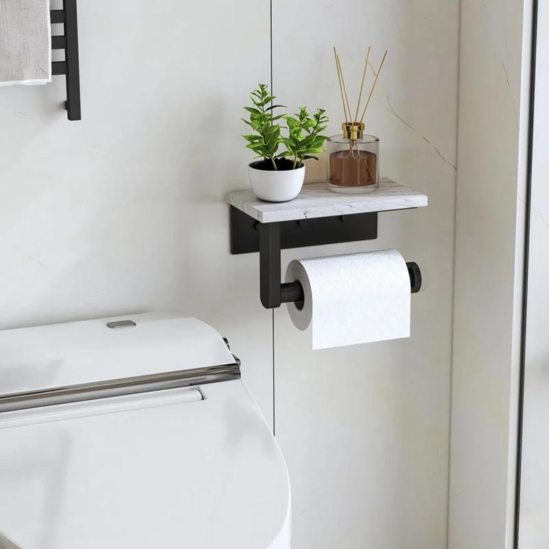 Modern Marble Toilet Paper Holder with Shelf, Wall Mounted Bathroom Organizer for TP Roll & Storage, Vanity Cabinet Decor