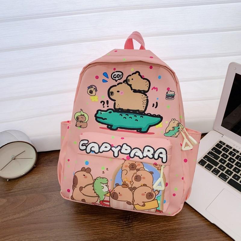 Cute Drinking Capybara Milk Tea Bcrocodile Fries Cartoon Pattern Backpack Kid