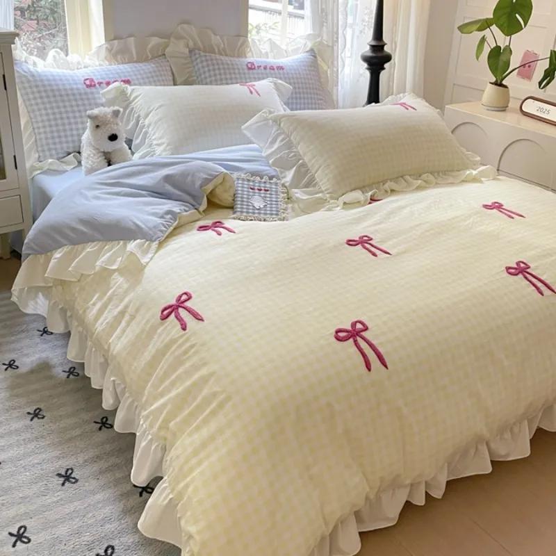 spring and summer new Korean lace bow four-piece princess style lace washed cotton girl heart pink